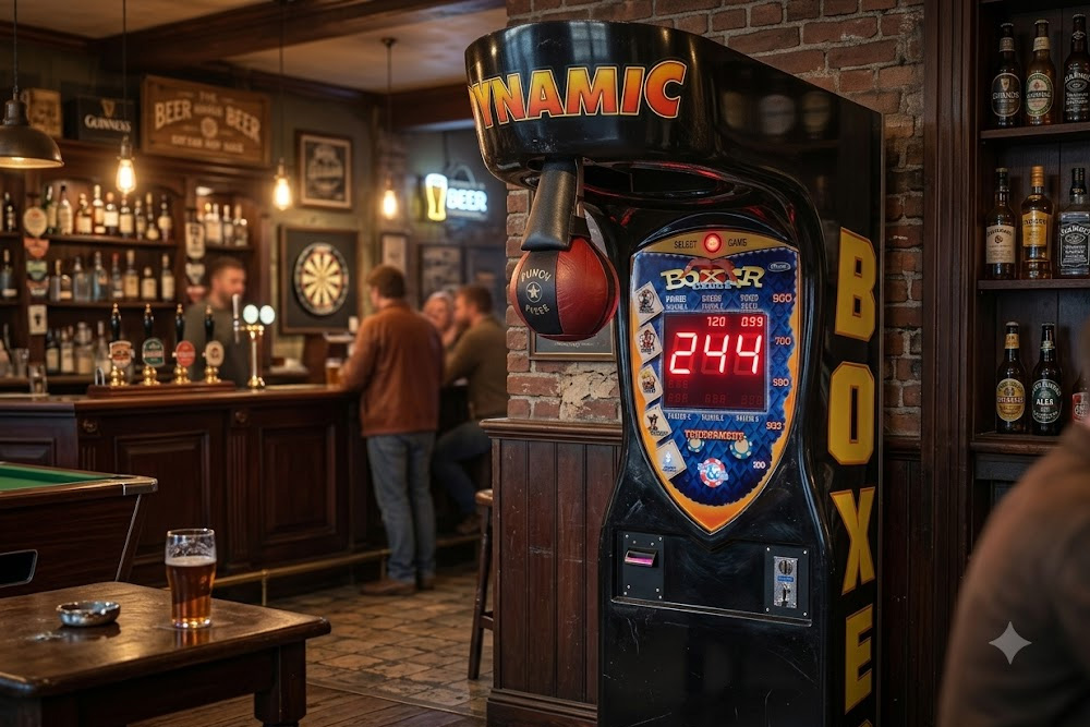 Máquina de boxeo recreativa instalada en un bar, disponible para alquiler y explotación en Estepa y alrededores.