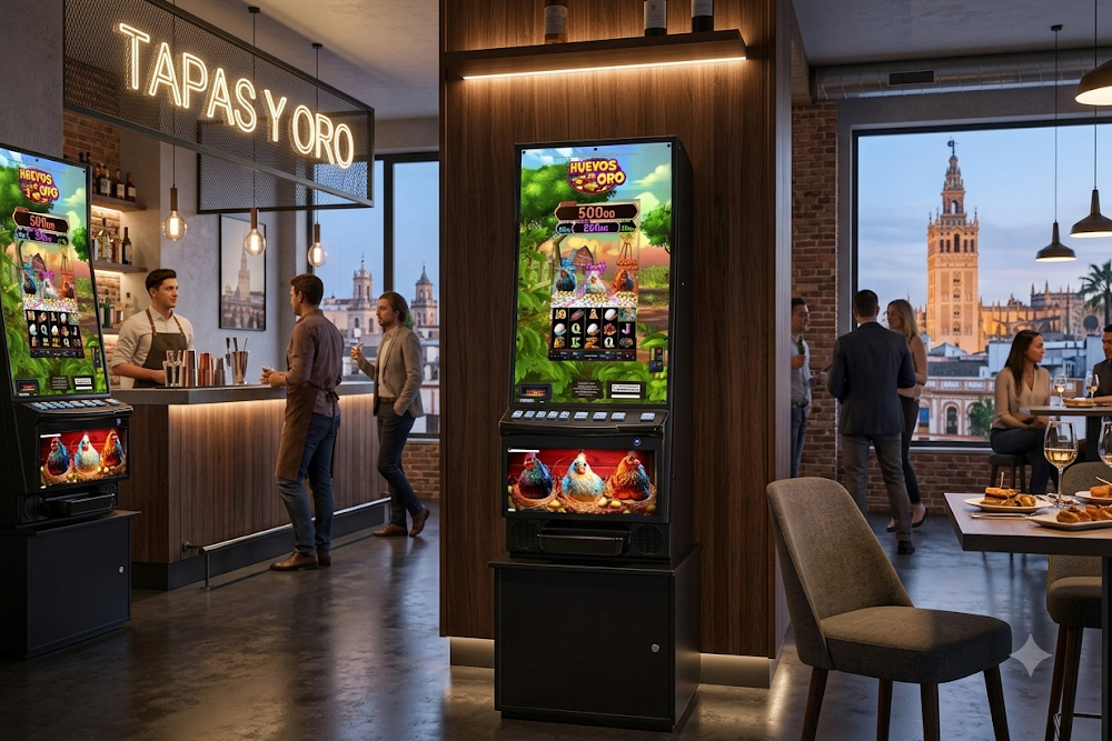 Máquina recreativa tipo B instalada en un restaurante, disponible para explotación y alquiler en Estepa y alrededores.