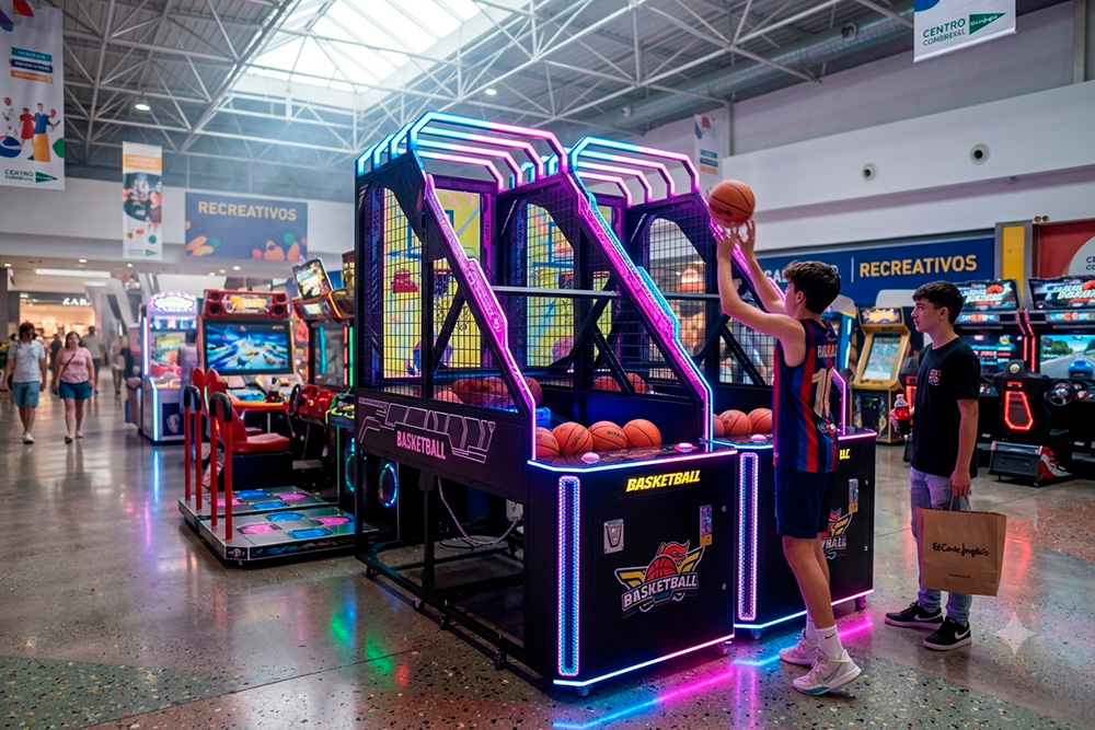 Máquina recreativa de baloncesto con iluminación LED para salones recreativos y establecimientos de ocio en Estepa.