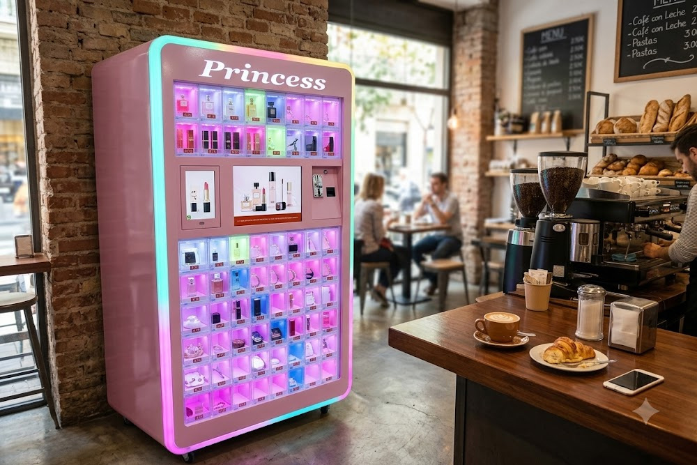 Máquina expendedora automática instalada en una cafetería, ideal para negocios y establecimientos de hostelería en Estepa.